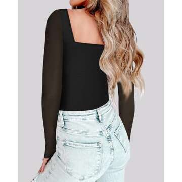 Chunpin Women's Square Neck Mesh Long Sleeve Bodysuit Outfits Tops Sexy Thong Bodysuit Black S