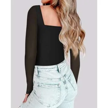 Chunpin Women's Square Neck Mesh Long Sleeve Bodysuit Outfits Tops Sexy Thong Bodysuit Black S