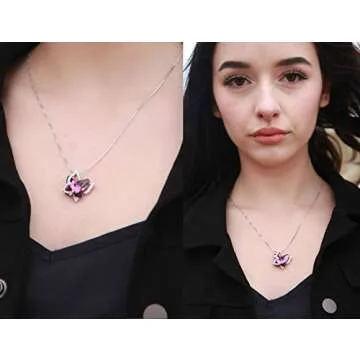 GEMMANCE Gift Butterfly Crystal Necklace with Amethyst Pink Birthstone for February, Silver Tone, 18”+2” Chain