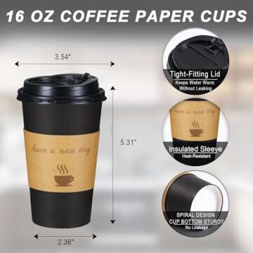 Lamosi 16 OZ Coffee Cups 50 Pack: Durable Disposable Cups with Lids & Sleeves