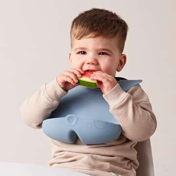 b.box Silicone Bib: Baby Bibs for Boys & Girls Ages 4m+. Dishwasher Safe FDA Food Grade Silicone. Adjustable, Soft, Waterproof. Unique Stay-Open Food Catcher, Roll & Secure for On-The-Go (Blush)