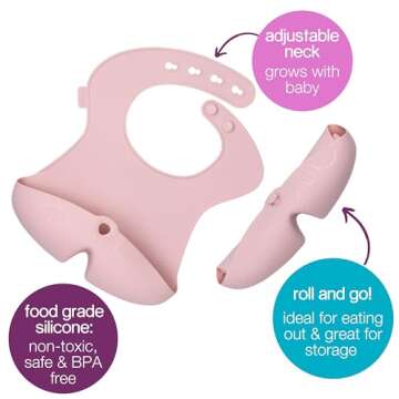 b.box Silicone Bib: Baby Bibs for Boys & Girls Ages 4m+. Dishwasher Safe FDA Food Grade Silicone. Adjustable, Soft, Waterproof. Unique Stay-Open Food Catcher, Roll & Secure for On-The-Go (Blush)