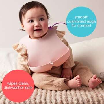 b.box Silicone Bib: Baby Bibs for Boys & Girls Ages 4m+. Dishwasher Safe FDA Food Grade Silicone. Adjustable, Soft, Waterproof. Unique Stay-Open Food Catcher, Roll & Secure for On-The-Go (Blush)