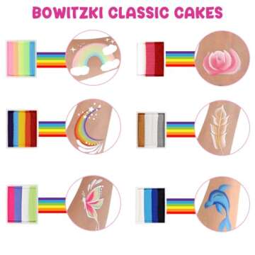 Bowitzki Face Paint 12x10 gm Professional Body Painting Kit For Kids Adults Stencil One Stroke Split Cake Non Toxic Rainbow Flora Dolphin Unicorn Flame Makeup Halloween Christmas Easter - Bright Set