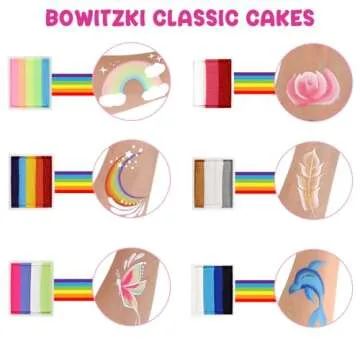 Bowitzki Face Paint 12x10 gm Professional Body Painting Kit For Kids Adults Stencil One Stroke Split Cake Non Toxic Rainbow Flora Dolphin Unicorn Flame Makeup Halloween Christmas Easter - Bright Set