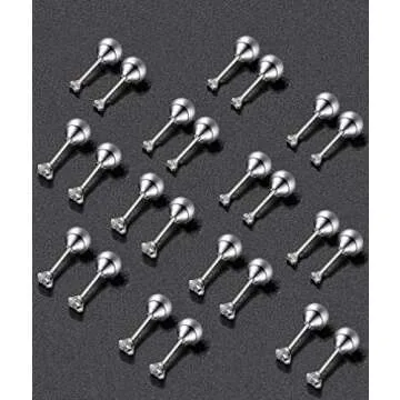 Tornito 12 Pairs Tiny Stud Earrings Stainless Steel Round Cubic Zirconia Barbell Stud Earrings Set For Men Women Screw Flat Back Earrings 2MM-3MM 20G