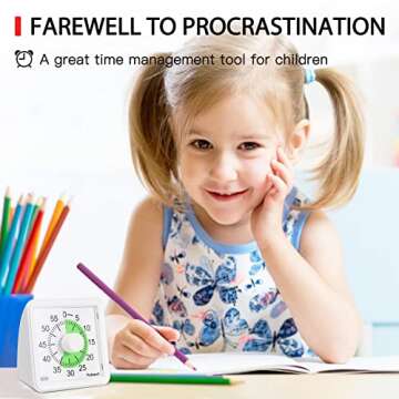 Yunbaoit Visual Analog Timer,Countdown Clock,No Loud Ticking,Time Management Tool for Kids and Adults(White)