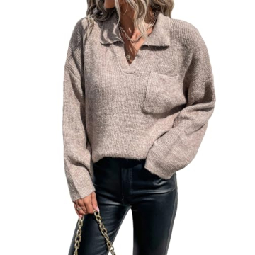 SOLY HUX Women's Collar V Neck Sweaters Drop Shoulder Long Sleeve Pocket Front Pullover Tops Pure Kh...