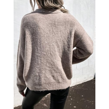 SOLY HUX Women's Collar V Neck Sweaters Drop Shoulder Long Sleeve Pocket Front Pullover Tops Pure Khaki Small