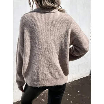 SOLY HUX Women's Collar V Neck Sweaters Drop Shoulder Long Sleeve Pocket Front Pullover Tops Pure Khaki Small