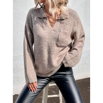 SOLY HUX Women's Collar V Neck Sweaters Drop Shoulder Long Sleeve Pocket Front Pullover Tops Pure Khaki Small