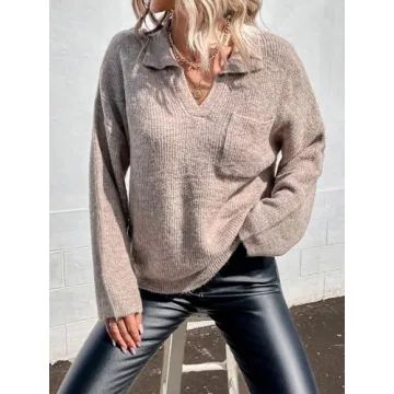 SOLY HUX Women's Collar V Neck Sweaters Drop Shoulder Long Sleeve Pocket Front Pullover Tops Pure Khaki Small