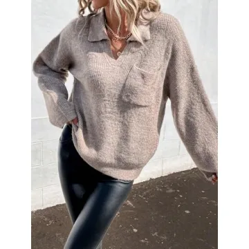 SOLY HUX Women's Collar V Neck Sweaters Drop Shoulder Long Sleeve Pocket Front Pullover Tops Pure Khaki Small