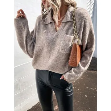 SOLY HUX Women's Collar V Neck Sweaters Drop Shoulder Long Sleeve Pocket Front Pullover Tops Pure Khaki Small