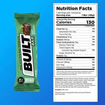 BUILT Protein Bars, Mint Brownie, 12 Count, 1.73oz Bars, Gluten Free Protein Snacks with 17g of High Protein. Chocolate Protein Bar only 130 calories & 4g sugar, Great On The Go Protein Snack