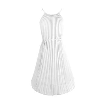 Ellames Women's Summer Spaghetti Strap Pleated Casual Swing Midi Dress with Belt White XL
