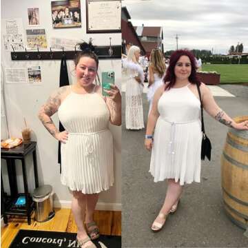 Ellames Women's Summer Spaghetti Strap Pleated Casual Swing Midi Dress with Belt White XL