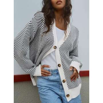 Dokotoo White Cardigan Sweaters for Women 2024 Fashion Trendy Loose Casual Fall Thick Striped Long Sleeve Open Front Long Chunky Cable Knit Lightweight Sweater Winter Outerwear Coat Small