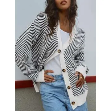 Dokotoo White Cardigan Sweaters for Women 2024 Fashion Trendy Loose Casual Fall Thick Striped Long Sleeve Open Front Long Chunky Cable Knit Lightweight Sweater Winter Outerwear Coat Small