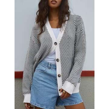 Dokotoo White Cardigan Sweaters for Women 2024 Fashion Trendy Loose Casual Fall Thick Striped Long Sleeve Open Front Long Chunky Cable Knit Lightweight Sweater Winter Outerwear Coat Small