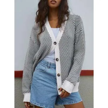 Dokotoo White Cardigan Sweaters for Women 2024 Fashion Trendy Loose Casual Fall Thick Striped Long Sleeve Open Front Long Chunky Cable Knit Lightweight Sweater Winter Outerwear Coat Small