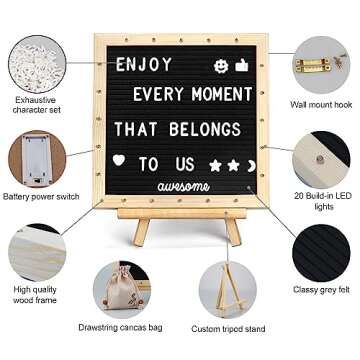 Black Felt Letter Board with Lights, Built-in LED Lights -Message Board Adjustable Stand, 340 Letter...