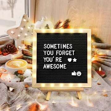 Black Felt Letter Board with Lights, Built-in LED Lights -Message Board Adjustable Stand, 340 Letters,- for Menus, Pregnancy Announcement, Weddings, Party Planning(10 * 10) (blackＢ)