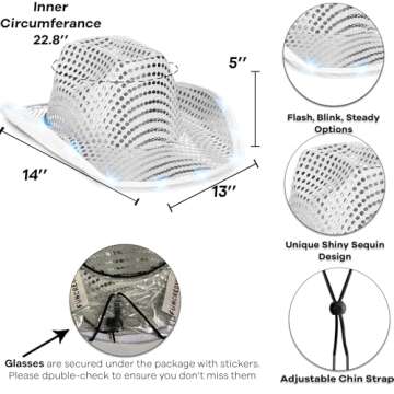 Funcredible White Light Up Cowboy Hat and Glasses - Sparkly Disco Cowgirl Hat - Sequin Cowboy Hat for Women - Cowgirl Costumes for Girls