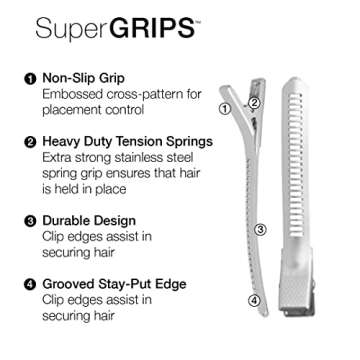 Cricket Super Grips Professional Salon Hair Clips for Styling, Cutting, Sectioning and Coloring, Rubberized Aluminum, 6-Pack, Silver
