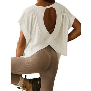 TERIVEEK Women Open Back Short Sleeve Workout T Shirts Casual Loose Gym Running Yoga Shirt Athletic Tee Activewear Crop Tops White