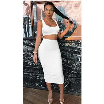 GOBLES Women's Sexy Summer Outfits Bodycon Tank Top Midi Skirt 2 Piece Dress White