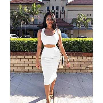 GOBLES Women's Sexy Summer Outfits Bodycon Tank Top Midi Skirt 2 Piece Dress White