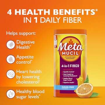 Metamucil 4 in 1 Daily Fiber Supplement Powder, Fiber Powder for Digestive Health and Regularity*, Sugar-Free, Orange, Naturally Sourced Psyllium Fiber, 72 teaspoons
