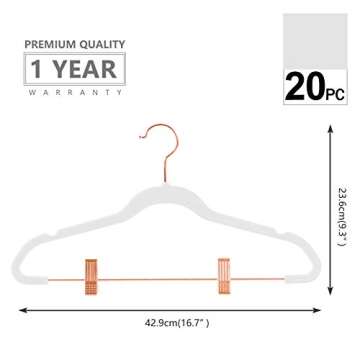 MIZGI Premium Velvet Pants Hangers with Clips (Pack of 20) Slim Skirt Hangers- Non Slip Felt Outfit Dress Hangers White - Copper/Rose Gold Hooks,Space Saving Shirt Clothes Hangers