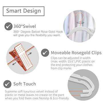 MIZGI Premium Velvet Pants Hangers with Clips (Pack of 20) Slim Skirt Hangers- Non Slip Felt Outfit Dress Hangers White - Copper/Rose Gold Hooks,Space Saving Shirt Clothes Hangers