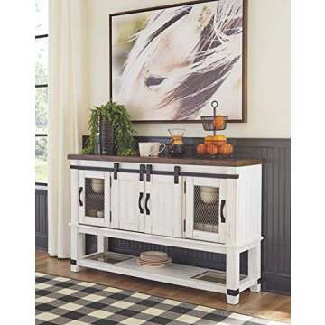 Signature Design by Ashley Valebeck Farmhouse Dining Room Server or Buffet Cabinet, White & Brown