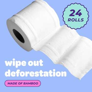 Bim Bam Boo 100% Bamboo Organic Chemical-Free Bulk Toilet Paper, Cloud-like Softness, Plant-Based Sustainable Tree-Free Bathroom Tissue, 24 Eco-Friendly Rolls, 2 Ply, 295 Sheets for RV and Camping