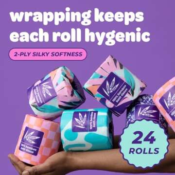 Bim Bam Boo 100% Bamboo Organic Chemical-Free Bulk Toilet Paper, Cloud-like Softness, Plant-Based Sustainable Tree-Free Bathroom Tissue, 24 Eco-Friendly Rolls, 2 Ply, 295 Sheets for RV and Camping