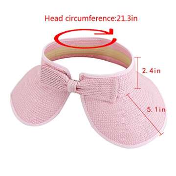 Rebecca Women Foldable Roll Up Wide Brim Visor Hat Sports Beach Bowknot Straw Hat Travel Sun Cap (Pink)