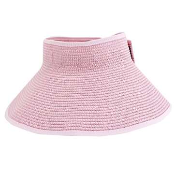 Rebecca Women Foldable Roll Up Wide Brim Visor Hat Sports Beach Bowknot Straw Hat Travel Sun Cap (Pink)