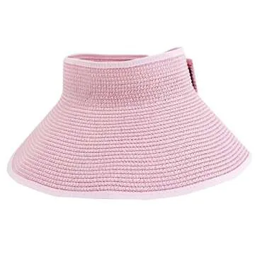 Rebecca Women Foldable Roll Up Wide Brim Visor Hat Sports Beach Bowknot Straw Hat Travel Sun Cap (Pink)
