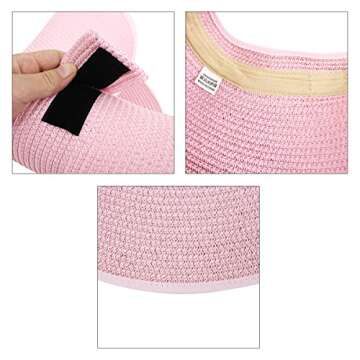 Rebecca Women Foldable Roll Up Wide Brim Visor Hat Sports Beach Bowknot Straw Hat Travel Sun Cap (Pink)