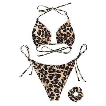 SUUKSESS Women String Triangle Bikini Sets Tie Side Thong Sexy Halter Swimsuits 2 Pieces (Cheetah, M)
