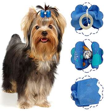 PET SHOW Pack of 20 Mixed Styles Small Dog Hair Bows with Rubber Bands Pet Cat Puppy Topknot Grooming Accessories Blue