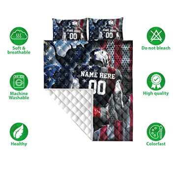 OhaPrints Custom Football Us Flag Gift for Son Boy Personalized Name Number Quilt Blanket & Pillowca...