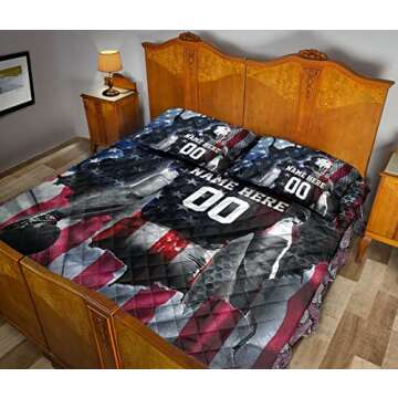 OhaPrints Custom Football Us Flag Gift for Son Boy Personalized Name Number Quilt Blanket & Pillowcases, Quilts Bedding Set & Pillow Cover, King Queen Double Twin Throw Full Size Bedspread Bed Sets