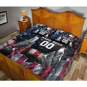 OhaPrints Custom Football Us Flag Gift for Son Boy Personalized Name Number Quilt Blanket & Pillowcases, Quilts Bedding Set & Pillow Cover, King Queen Double Twin Throw Full Size Bedspread Bed Sets
