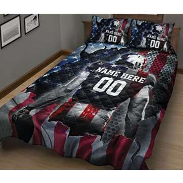 OhaPrints Custom Football Us Flag Gift for Son Boy Personalized Name Number Quilt Blanket & Pillowcases, Quilts Bedding Set & Pillow Cover, King Queen Double Twin Throw Full Size Bedspread Bed Sets