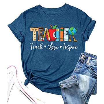 Teach T Shirt for Women Teacher Graphic Tees Tops Teach Inspire Letter Print Shirts Tops