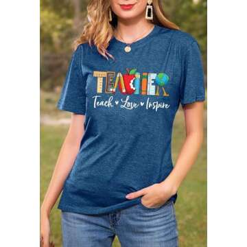 Teach T Shirt for Women Teacher Graphic Tees Tops Teach Inspire Letter Print Shirts Tops